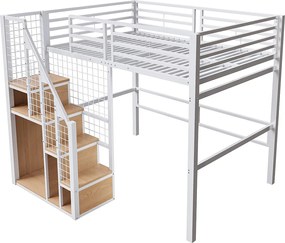 Łóżko piętrowe dla dzieci - 140 x 200 cm - rama żelazna - ze schowkiem i schodkami bezpieczeństwa - metalowe - białe