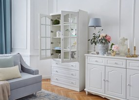 Regał na książki biały, przeszklony, 2 drzwi, 3 szuflady, Alexandra. Witryna 2 drzwiowa do salonu. Meble w stylu angielskim Victoria.