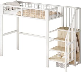 Łóżko mezzanine 90x200 cm z szafą i schodami - metalowa rama - Biała