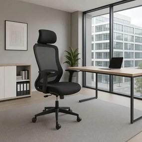 Czarny ergonomiczny obrotowy fotel z funkcją multiblock i z zagłówkiem - Montres