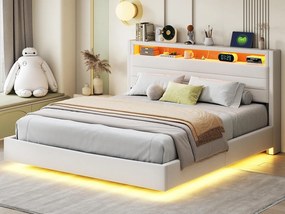 Łóżko z tapicerowanym zagłówkiem z lnu 160x200 cm - z gniazdem USB i LED - Beżowe