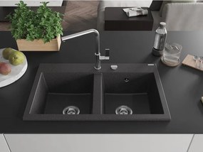 Mexen Hektor zlewozmywak granitowy 2-komorowy 800 x 480 mm, czarny nakrapiany, syfon chrom - 6521802000-76