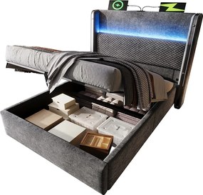 Łóżko z boxem pikowane 90x200 cm - z oświetleniem LED - z portami USB i Type-C - tkanina lniana - Szary (bez materaca)