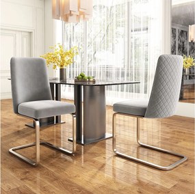 Zestaw 2 krzeseł do jadalni, szary aksamit, krzesło z tapicerowanym oparciem, srebrne nogi
