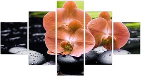 Obraz - Pomarańczowa orchidea z liśćmi palmy (125x70 cm)
