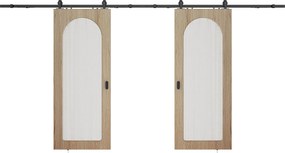 Drzwi podwójne przesuwne naścienne z drewna i MDF - łuk ze szkła hartowanego karbowanego - 2 x wys. 205 x szer. 83 cm - ODEZA