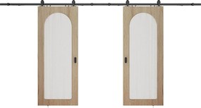 Podwójne drzwi przesuwne naścienne z drewna i MDF - łuk ze szkła hartowanego karbowanego - 2 x wys. 205 x szer. 83 cm - ODEZA