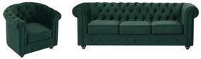Kanapa 3 osobowa i fotel z zielonego weluru - CHESTERFIELD