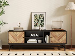 Meble TV 150x38x55cm - z półkami i 2 drzwiami - Naturalny + Czarny