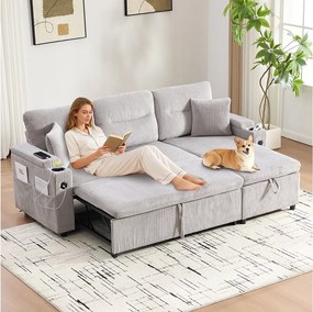 Sofa rozkładana 3-osobowa - 212,5 x 136 x 86 cm - z uchwytem na kubek + portem USB + schowkiem - rozkładana sofa - len - jasnoszary