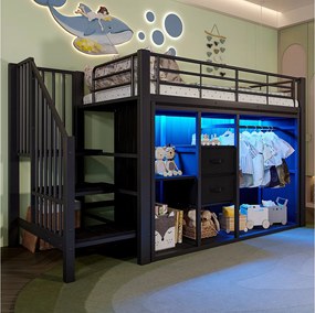 Łóżko piętrowe dla dzieci - 90 x 200 cm - z 2 szufladami + szafa otwarta + oświetlenie LED - metalowe - czarne