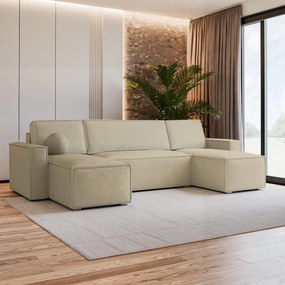 Masseno Narożnik PESANO z funkcją spania i pojemnikiem na pościel Narozniki U, Rozkładana sofa - Kremowy, MONOLITH 04