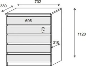 Komoda ADRIANO 70 cm do Salonu Sypialni 5 Szuflad Dąb sonoma