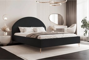 BESILIO Łóżko tapicerowane Boucle 200x200 Velora II - stelaż listwowy, wezgłowie, pojemnik, łóżko slim, wysokie złote nogi - Czarny