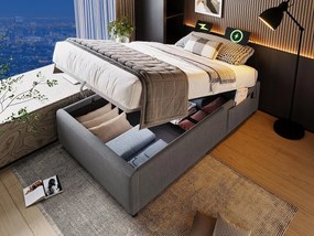 Łóżko tapicerowane 90×200cm - tkanina lniana - z gniazdami do ładowania i stelażem na listwy - Szary