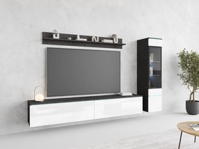 Zestaw mebli do salonu 3 elementy z LED – szafka RTV 180 cm witryna i półka, stojąca lub wisząca, korpus antracyt, fronty biały połysk