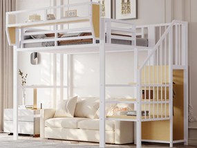 Łóżko antresola 90×200 cm - z drabinką - modułowe schowki - metalowe - białe (bez materaca)