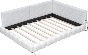 Łóżko tapicerowane 140 x 200 cm z zagłówkiem dla dorosłych - LED + port USB - Tkanina pluszowa - Białe