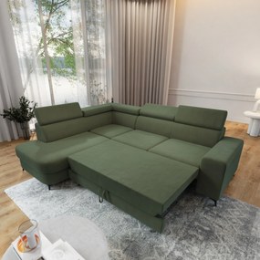 Masseno Narożnik ALVORO z funkcją spania i pojemnikiem na pościel Narozniki L, Rozkładana sofa - Zielony, MATT VELVET 38