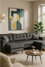 Narożnik z funkcją spania, ROMEO U , tkanina  Riviera 95 szara, wymiary 300 × 156 × 74 cm.