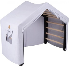 Duży domek z drabinką dla dzieci 112x61x94 cm składaną do pokoju. drewno, len, wiskoza, szaroniebieski domek, czarna drabinka. - meowbaby®