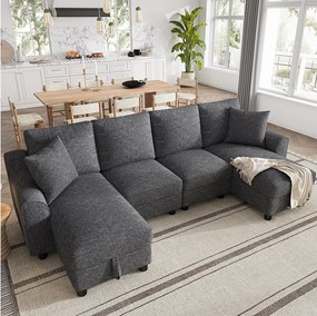 Nowoczesna sofa narożna w kształcie U 280×137×84 cm - zawiera dwie poduszki - z miejscem do przechowywania - tkanina chenille - szara