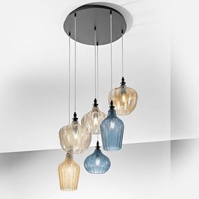 Cleofe - lampa wisząca z 6 żarówkami, w kolorze bursztynowym, ochrowym i kobaltowym - 6XE27 max 6X60W, elegancki, nowoczesny design, IP20