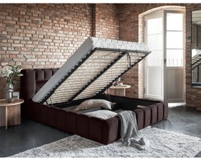 Ciemnobrązowe tapicerowane łóżko dwuosobowe ze schowkiem ze stelażem 140x200 cm Lamica – ELTAP