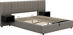 Łóżko 160x200cm z tkaniny lnianej - z 2 stolikami nocnymi i stelażem na listwy - Szary