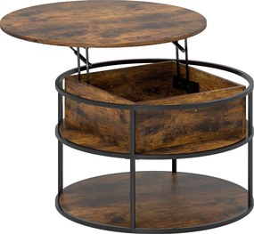 HOMCOM Okrągły Stolik Kawowy z Podnoszoną Blatem, Przestrzenie do Przechowywania, Boczne Półki, Stalowy Stelaż, Brązowy