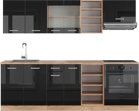 Zabudowa kuchenna czarny/złoty dąb o wysokim połysku 240x60x81.6 r-line