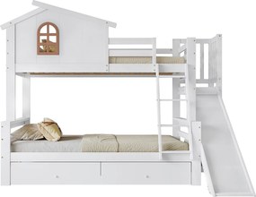 Łóżko piętrowe domek z zjeżdżalnią + szuflady - rama sosnowa - 90x200cm + 120x200cm - Białe