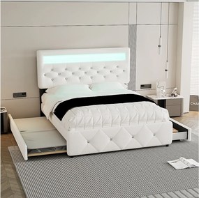 Łóżko tapicerowane dwuosobowe z pojemnikiem - 140 x 200 cm - z wysuwaną sofą i 2 szufladami - podświetlana szafka nocna - Pościel - kolor biały