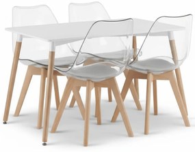 Zestaw jadalniany 1 + 4, biały stół ADRIA 120x80 cm + przezroczyste krzesła BALI MARK z bukowymi nogami