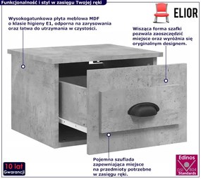 Wisząca szafka nocna z szufladą szary beton - Tavira
