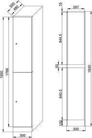 Szafka skrytkowa S1, 2 schowki, 1850 x 300 x 500 mm, zamek RFID, drzwi laminowane, orzech