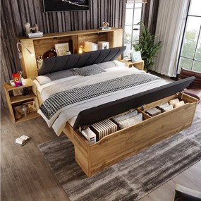 Łóżko podwójne drewniane - 180 x 200 cm - ze składanym zagłówkiem + 2 szafki nocne + ława ze schowkiem + 2 lampki - naturalne