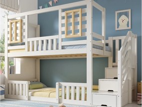 Łóżko piętrowe 90x200 cm - z drewnianymi oknami - z drabiną z pojemnikami - Biały + Naturalny​ (bez materaca)