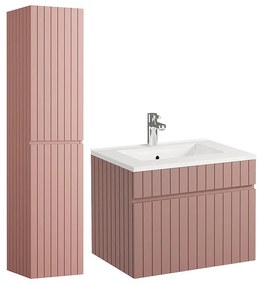 Wisząca szafka łazienkowa w kolorze różowym z prążkowaną fakturą, z wpuszczaną umywalką i słupkiem – 60 cm – SATARA
