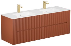 Podwieszana szafka łazienkowa w prążki z umywalką do zabudowy i kranem - Prążkowana terakota - 150 cm - PAVANI