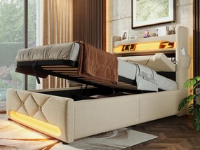 Tapicerowane łóżko z pojemnikiem 90x200 cm - z LED i portami ładowania USB - Tkanina lniana - Wezgłowie z przestrzenią do przechowywania - Beżowy