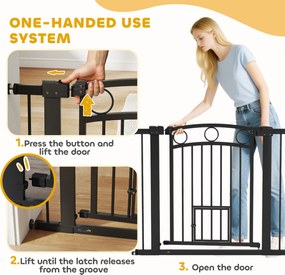 PawHut Bramka dla zwierząt regulowana 76-104 cm z drzwiczkami dla kota do schodów i drzwi czarna | Aosom PL