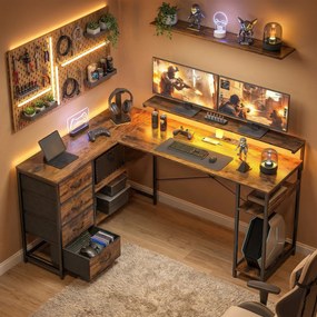 HOMCOM Biurko gamingowe L-kształtne z gniazdkiem, oświetleniem LED, 4 szufladami, podstawką pod monitor 155x110x91,4 cm Brąz | Aosom PL