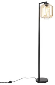 Designerska lampa podłogowa czarna z bursztynowym szkłem - Qara DownDesignerski Oswietlenie wewnetrzne