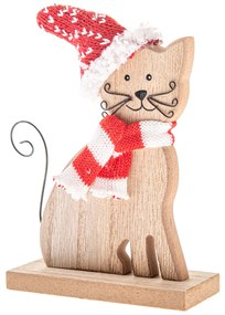 Drewniany kot z dzianinowym szalikiem i czapką, 14 cm