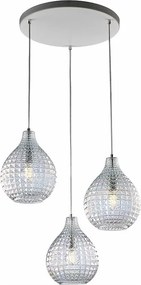 Lampa wisząca Diamante z białego żelaza i chromowanej ramy, regulowane kable, przezroczyste klosze z dmuchanego szkła z efektem kryształu, 3 światła