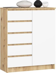 Komoda AKORD K80 Dąb Artisan 80 cm 1 drzwi 5 szuflad kolor Biały mat 3 półki 80x35x97 cm