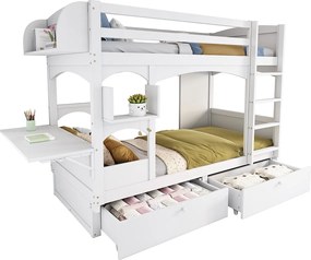 Łóżko piętrowe z drewna i płyty MDF - 90x200 cm - z 2 szufladami i składanym biurkiem - Białe (bez materaca)
