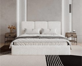 Łóżko tapicerowane 140x200 Mira boucle – łóżko z pojemnikiem na pościel i stelażem drewnianym, nowoczesne łóżko do sypialni, tkanina boucle – Biały