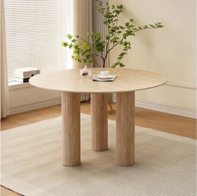 Okrągły stół jadalniany dla 4 osób – Blat z ceramiki w efekcie beżowego trawertynu – ANA